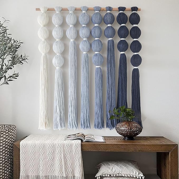 IOWER Macrame Wall Hanging Blue Yarn Wall Art Tassel Wall Decor with Knotted Ball Design Bohemian Wall Decor for Living Room Bedroom Home Backdrop 27" W x 39" L