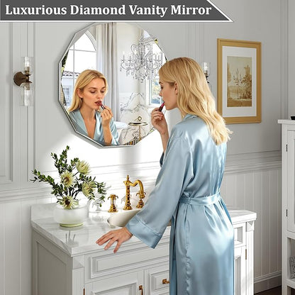 30x30 Inch Round Beveled Bathroom Mirror, Circle Frameless Copper-Free Silver Mirror, Modern Vanity Mirror, Decorative Wall Mirrors for Restroom, Bedroom, Living Room, Bathroom, Entryway