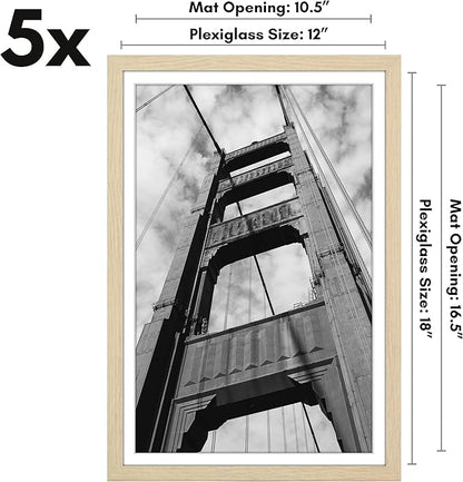 Americanflat 12x18 Poster Frame with Polished Plexiglass - Set of 5 - Use as 11x17 Frame with Mat or Display 12x18 Photo Without Mat - Galleria Collection - Picture Frames for Wall - Natural Oak