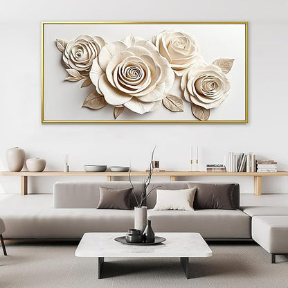 Gold Framed Wall Art Living Room Home Wall Decor Modern Canvas Art Wall Decor 29x58 Inches Large White Flower Wall Art Elegant Picture For Bedroom Hotel Office Artwork