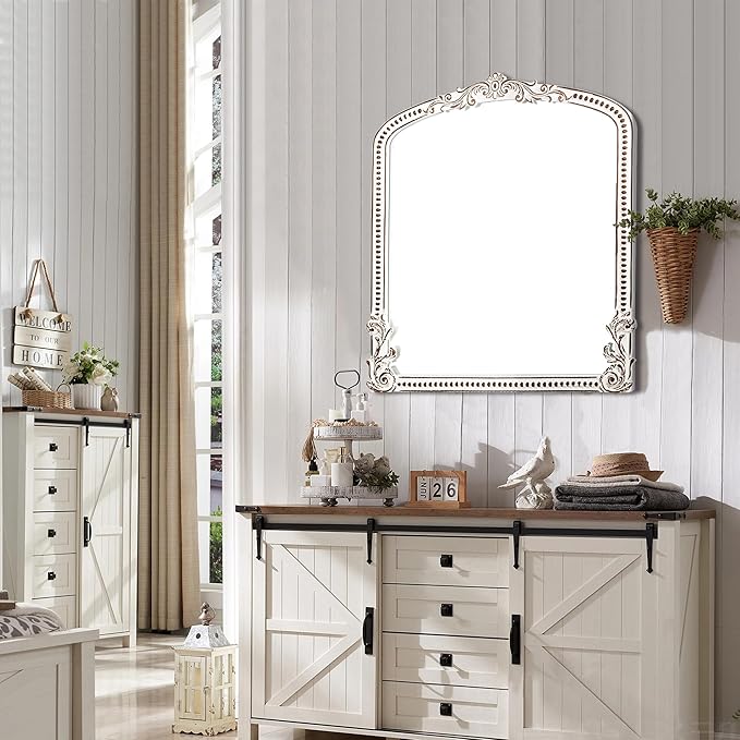 HOITUZYUS Baroque Arched Wall Mirror: 35x30 Inch Rustic Farmhouse Mirror - Ornate Decorative Mirrors for Fireplace, Living Room, Bedroom, Entryway, Bathroom