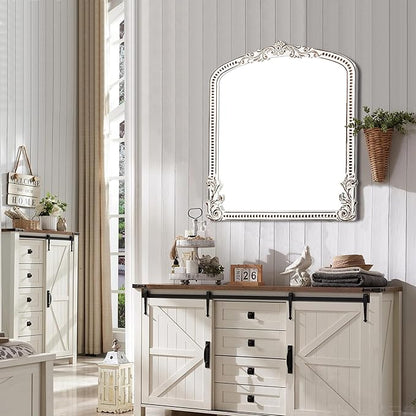 HOITUZYUS Baroque Arched Wall Mirror: 35x30 Inch Rustic Farmhouse Mirror - Ornate Decorative Mirrors for Fireplace, Living Room, Bedroom, Entryway, Bathroom