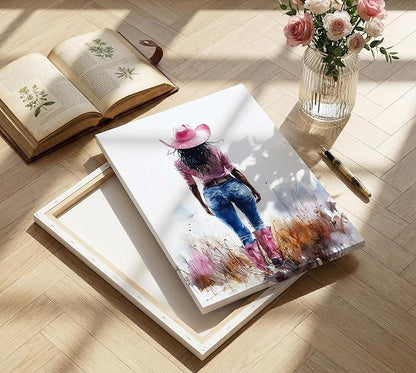 Pink Black Girl Canvas Wall Art Fashion Cowgirl Wall Decor Picture West African American Girl Wilderness Cowgirl Poster Printing for Teen Girls Room Preppy Dormitory Bedroom Artwork Home Decoration