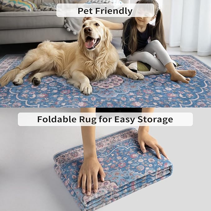 Tangsoo Vintage 2x4 Small Washable Rug for Entryway,Non-Slip Kitchen Rugs,Blue Beige Indoor Mat Soft Low Pile Front Door Carpet for Porch Bedroom Entrance Bathroom