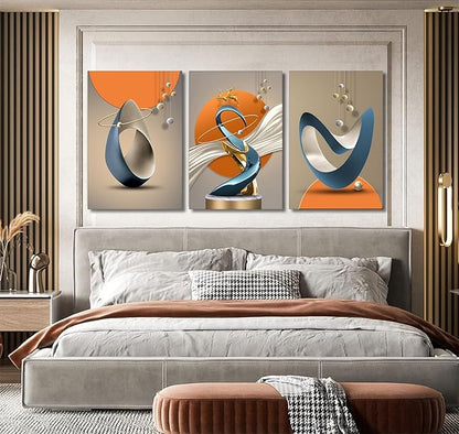 3 Pcs Modern Abstract Canvas Wall art Golden Deer Luxury Foil Lines Paintings Pictures Wall Decoration White Blue orange color Grey posters Prints for Living Room Bedroom Office Home Decoration