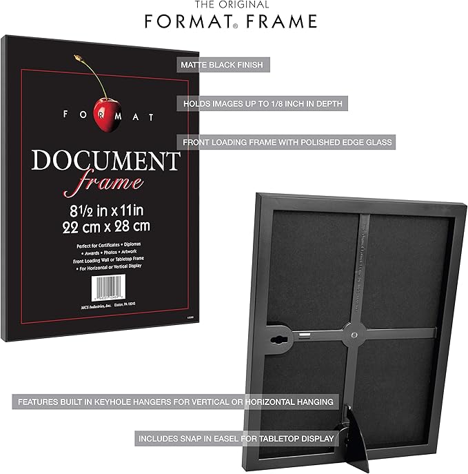 MCS Format 8.5x11 Diploma Frame, Black Picture Frame Wall Hanging or Tabletop Easel for Documents, Awards & Certificates (6-Pack)