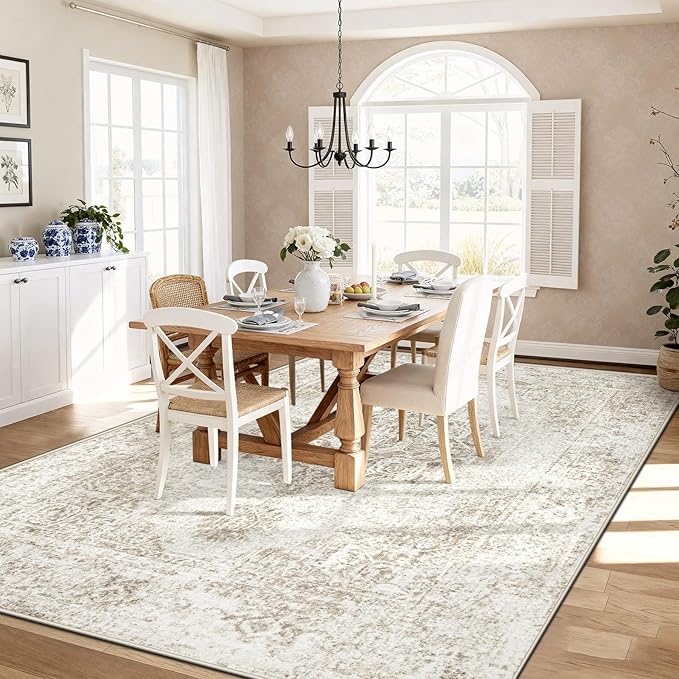 9x12 Area Rugs for Living Room, Washable Vintage Boho Medallion Rug Non Slip Low Pile Floor Carpet for Bedroom Dining Room Home Office (Beige, 9'x12')