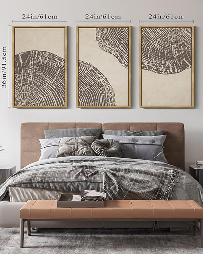 PHOPAGO Farmhouse Vintage Framed Wall Art Large 24x36in Set Gray Wood Tree Ring Spirals Nature Abstract Drawings Rustic Modern Art Decor for Living Room Bedroom - Natural Framed