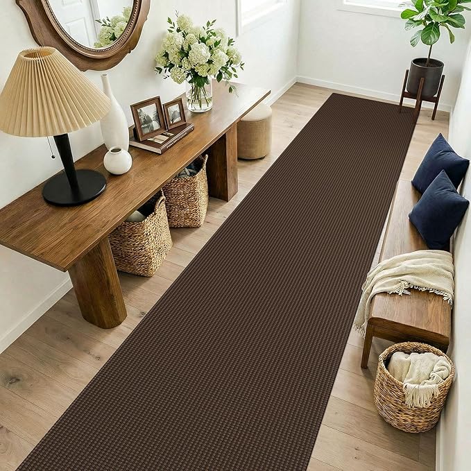 KOZYFLY Cotton 2.5'x14' Runners Rugs for Hallway, Long Washable Runner Rug, Woven Non Slip Kitchen Runner, Flatweave Entryway Rug, Floor Carpet for Entry, Aisle, Hall, Brown/Dark Brown
