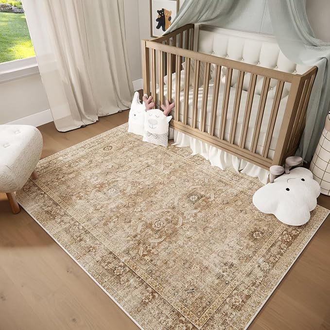 Washable 5x7 Area Rugs for Living Room, Boho Non-Slip Vintage Rug for Bedroom Dining Room Nursery Office, 0.3" Neutral Oriental Throw Thin Carpet with Cushioning Pad, Brown/Multi, C1