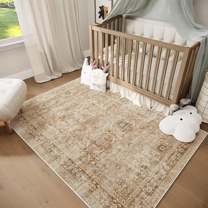 Washable 3x5 Entryway Rug, Boho Non-Slip Vintage Distress Small Rugs for Kitchen Nursery Office Bedroom, 0.3" Neutral Oriental Throw Thin Carpet with Cushioning Pad, Brown/Multi, C1