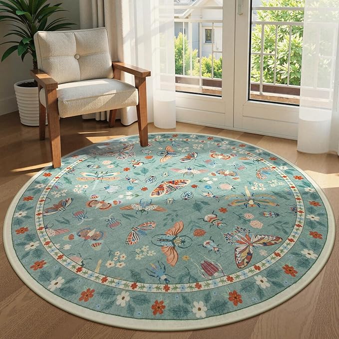 Lahome Insect Washable Round Area Rug, Soft Round Rugs 6ft Ultra-Thin Non-Slip, Boho Large Circle Carpet for Bedroom Living Room Kitchen Nursery Vionnet, Green