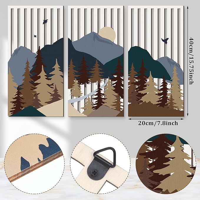 Suzile 3 Pcs Wall Sculptures Wooden Wall Decor Boho Geometric Line Hollow Wall Decor Mid Century Modern Decor Minimalist Geometric Art for Living Room Bathroom Bedroom Office Kitchen (Forest)