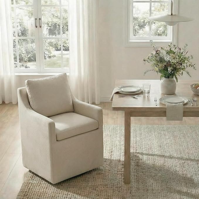 KISLOT Upholstered Dining Chairs Set of 1, Modern Dining Room Chairs with Casters & Washable Cover, Rolling Accent Chair with Hidden Storage for Kitchen, Farmhouse, Living Room, Flax Beige, 1 Box