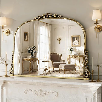 26x38 inch Vintage Arched Gold Ornate Baroque Mirror - Wall Vanity Mirror with Beautiful Retro Top and Bottom Engraving Process Frame for Bathroom, Living Room, Fireplace, Entryway, HD Tempered Glass