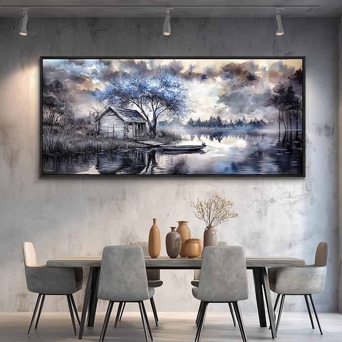 ERQINHUA Large Canvas Blue Tree Lakeside Landscape Painting Wall Decor For Living Room Restaurant Wall Art For Office Bedroom Artwork Pictures Modern Home Decor Ready To Hang Black Framed 32x72 In