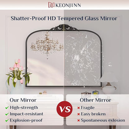 Keonjinn Arched Wall Mirror, 48" x 22" Vintage Mirror Full Length, Black Traditional Decoration Baroque Style, Ornate Mirrors for Hallway, Fireplace, French Cleat Mounting