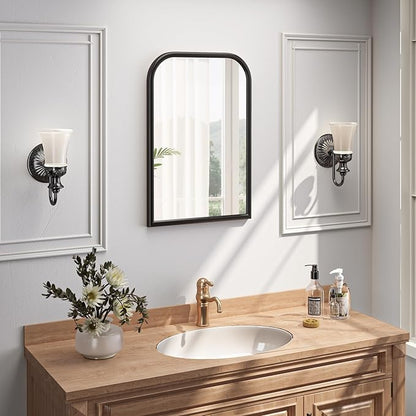 Arch Wall Mirror for Wall Mounted, Tempered Glass, Wood Grain Finish Frame Wall Mirror Decorative for Bedroom Living Room Vanity Mirror (Black, 30" L x 20" W)