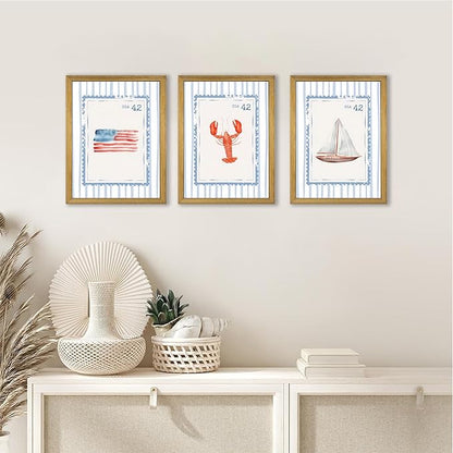 Wood Framed Blue Beach Stamp Set of 3 Canvas Poster Coastal Granddaughter Room Wall Art Decor Vintage Preppy Aesthetic Prints Artwork for Girly Dorm Apartment Ocean Home Decoration 12x16 Inch