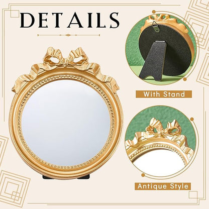 Threehoney 4 Pack Portable Small Vintage Gold Bow Mirror 4.1" Round Vintage Makeup Desk Mirror for Bedroom, Bathroom, Table Decoration