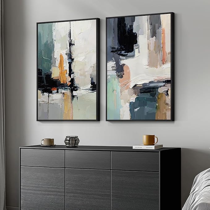 Large Framed Colorful Abstract Wall Art, Set of 2 Modern Canvas Prints Paintings Artwork for Walls, Bright Blue Green Multicolor Pictures for Living Room Hallway Dining Bedroom Wall Decor 20x30 In