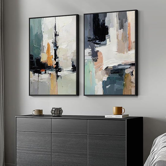 Large Framed Colorful Abstract Wall Art, Set of 2 Modern Canvas Prints Paintings Artwork for Walls, Bright Blue Green Multicolor Pictures for Living Room Hallway Dining Bedroom Wall Decor 20x30 In