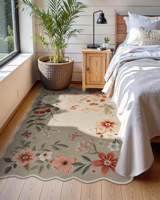 Lahome Floral Machine Washable Rug, 3x5 Rug Non Slip Soft Bedroom Rugs for Entryway Dorm, Ultra-Thin Boho Rugs for Living Room Stain Resistan Throw Carpet for Nursery Entrance Flore,Brown