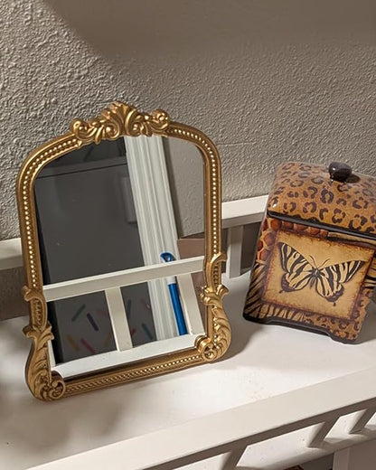 Vintage Vanity Small Mirror with Stand,Gold Decorative Mirrors for Wall,Antique Desk Eclectic Home Dresser Decor Small Mirror,Bathroom, Bedroom, Makeup Desk, Wall Entry,11.6" L x 9.0" W Gold