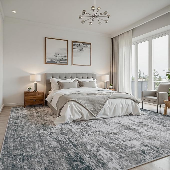 Area Rug 8x10 Living Room Rug Washable: No-Slip Abstract Soft Thin Large Gray White Rugs, Indoor Floor Stain Resistant Modern Carpet for Bedroom Dining Room Farmhouse Nursery Home Office