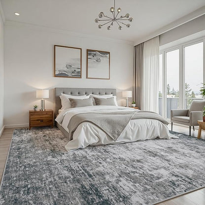Area Rug 8x10 Living Room Rug Washable: No-Slip Abstract Soft Thin Large Gray White Rugs, Indoor Floor Stain Resistant Modern Carpet for Bedroom Dining Room Farmhouse Nursery Home Office