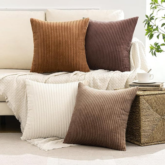 MIULEE Boho Farmhouse Throw Pillow Covers 18x18 Inch Set of 4 Rustic Mordern Neutral Cushion Covers Soft Corduroy Nordic Home Decor for Couch Bed Sofa Living Room Brown