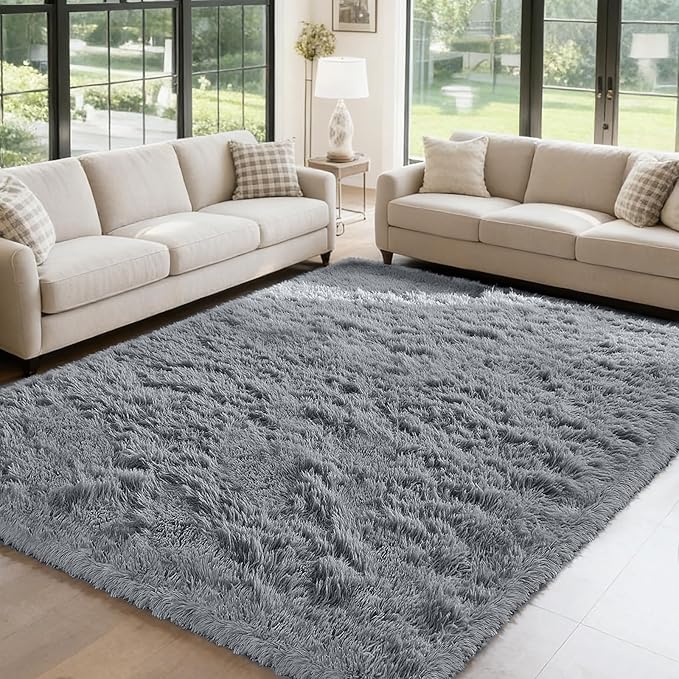 Fluffy Rug Shag Area Rug, Light Grey 5x8 Area Rugs for Bedroom, Small Bedside Rug, Soft Fluffy Shag Entryway Throw Rugs for Living Room Bedroom Kids Room Home Decor