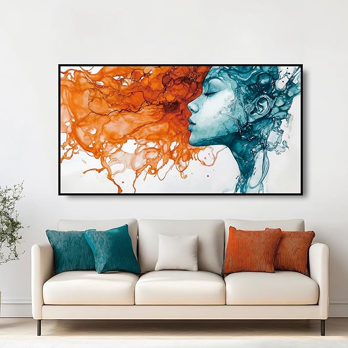 Modern Abstract Crystal Porcelain wall art Teal and Orange Fluid Painting Aluminum Framed large wall art for Living Room Bedroom Office Hallway artwork for walls 24x48 In