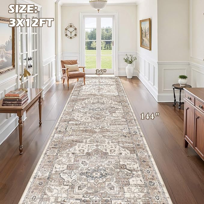 3x12 Washable Runner Rug :Hallway Runner with Non Slip Backing Farmhouse for Bedroom Bathroom Living Room Rug Vintage Large Soft Entryway for Kitchen Laundry Room Stain Resistant Carpet-Tea Brown
