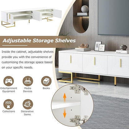 Merax Modern TV Stand with Metal Legs, Gold Handles, Geometric Lines and Adjustable Shelves for TVs Up to 80'', Media Console Table, Luxury Storage Cabinets for Living Room, White