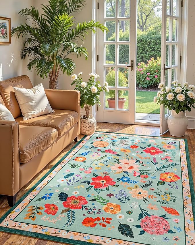 Macgace 4x6 Floral Rug for Girls Bedroom, Machine Washable Area Rugs with Non Slip Backingfor Living Room, Cute Flowers Carpet Kitchen Dining Room Kids Playroom Decor, Light Green