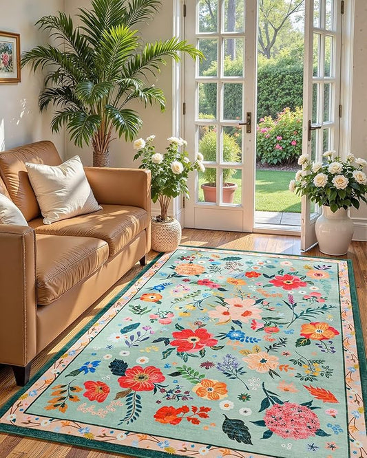 Macgace 4x6 Floral Rug for Girls Bedroom, Machine Washable Area Rugs with Non Slip Backingfor Living Room, Cute Flowers Carpet Kitchen Dining Room Kids Playroom Decor, Light Green