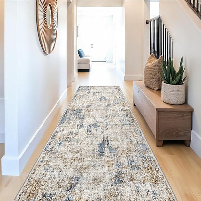Long Runners for Hallways Non Slip - 3x10 Washable Kitchen Runner Rug Modern Abstract Wide Floor Carpet Runner for Indoor Entryway, Bedroom, Living Room （Blue Brown）