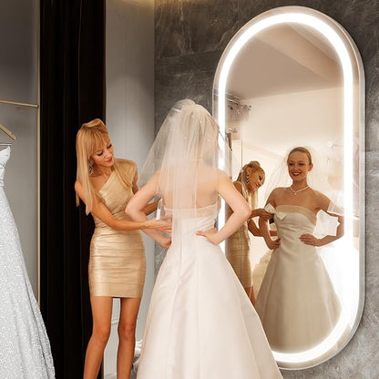 FENNIO 71" x 32" Large Wall Mounted Mirror with LED Lights, Oval Full Length LED Lighted Full Body Dressing Mirror for Bedroom, Salon, Brushed Aluminum Frame, Tempered Glass