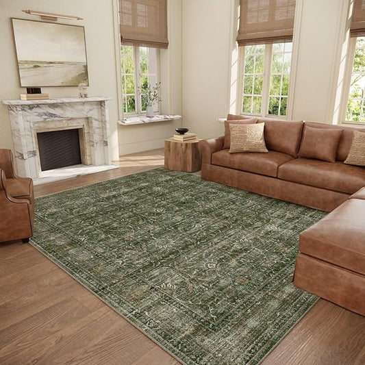 Washable 8x10 Area Rugs for Living Room, Boho Non-Slip Vintage Distress Large Rugs for Bedroom Dining Room Nursery Office, 0.3" Neutral Oriental Throw Thin Carpet, Grass Green/Multi, D1