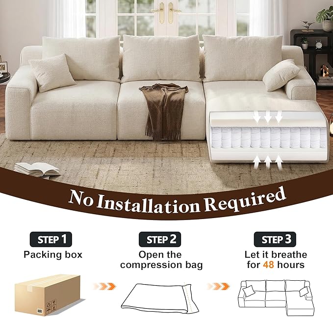 Homkdom L-Shaped Cloud Boneless Couch with Deep Seat, Modular Sectional Sofa with Oversized Chaise, 6 Layouts Combination for Living Room, Apartment, No Assembly (White Check, Right Facing Chaise)
