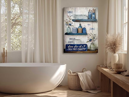 Navy Blue Bathroom Decor Wall Art Rustic Blue Bathroom Canvas Wall Decor Please Seat Yourself Sign Print Painting Vintage Aesthetic Picture Artwork Decor 12x16 Inches