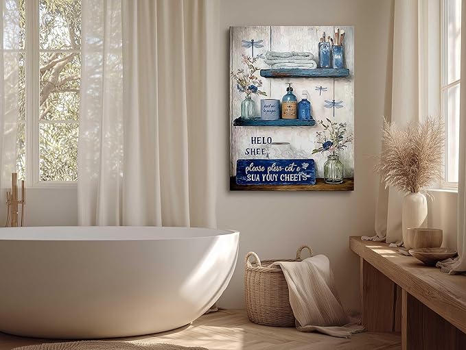 MAQCM Navy Blue Bathroom Decorative Wall Art Rustic Blue Bathroom Canvas Wall Decorative Please Sit In Your Own Logo Painting Painting Retro Aesthetic Pictures Artwork Decoration 16x24 Inches