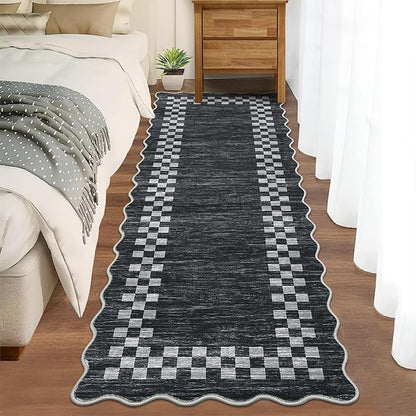 Washable Runner Rug 2x10 Modern Bordered Hallway Runner Rug Non Slip Kitchen Throw Carpet Checkered Bathroom Entryway Runner Rugs Low Pile Solid Area Rugs for Living Room Bedroom Nursery Sink, Grey