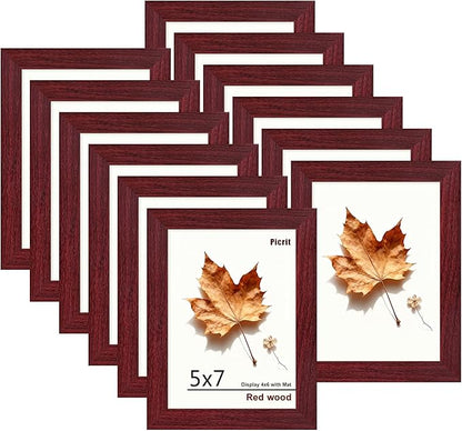 Picrit 5x7 Picture Frame Set of 12, Display 4x6 with Mat or 5x7 without Mat, Photo Frames for Wall Mounting or Table Top Display, Dark Red Wood