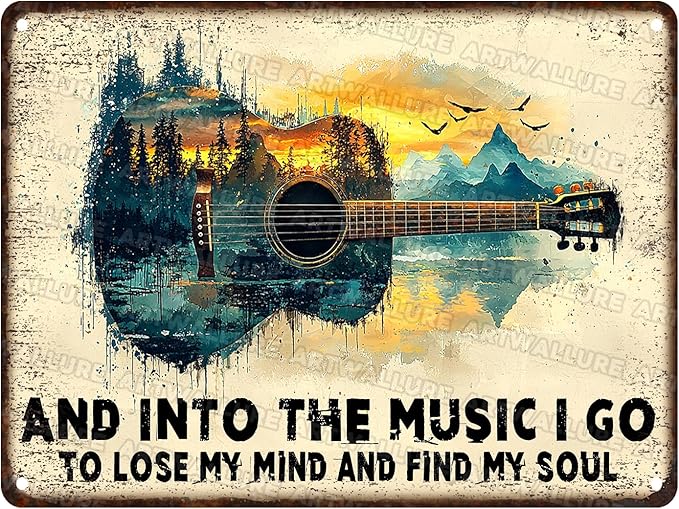 Guitar Retro Metal Poster And Into the Music Art Plaque Guitar Vintage Sign for Man Cave Funny Garage Bar Shed 12x16inch