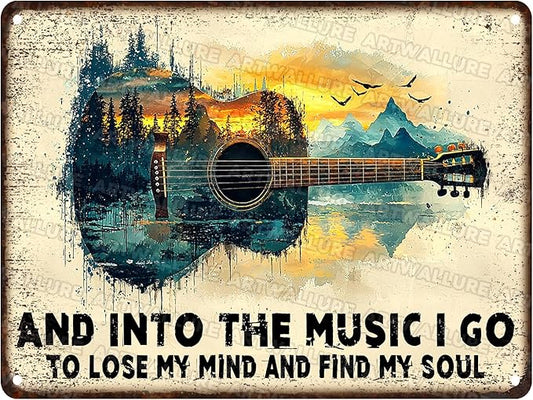 Guitar Retro Metal Poster And Into the Music Art Plaque Guitar Vintage Sign for Man Cave Funny Garage Bar Shed 12x16inch