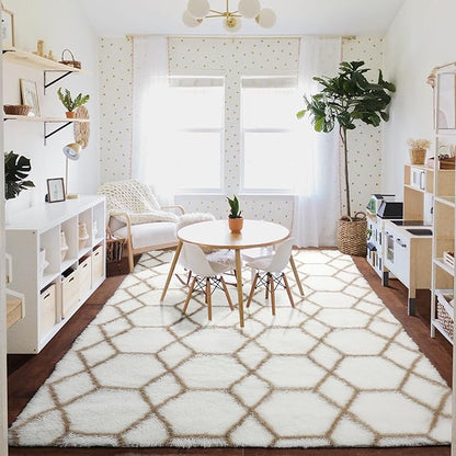 ONASAR 8x10 Area Rugs for Living Room, Fluffy White and Beige Bedroom Rug, Geometric Boho Large Soft Plush Shaggy Fuzzy Floor Carpet for Nursery Kids Classroom Playroom Dorm Home Decor