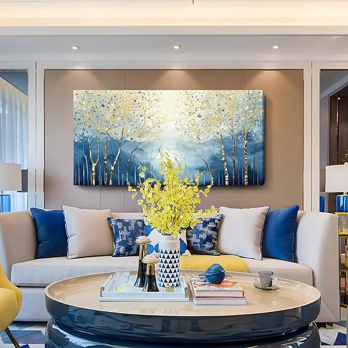 amatop Large Abstract Art Wall Hanging For The Living Room, Featuring Modern Plant Prints Pictures And Blue And Yellow Tree Artwork For Bedrooms, Bathrooms, Dining Rooms, And Studies. 48X24 Inches.