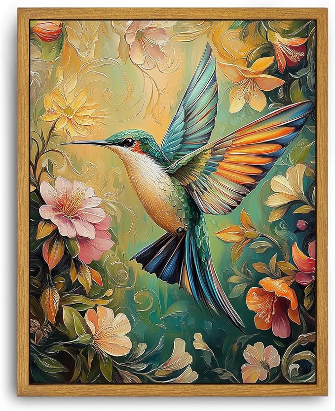 Framed Vintage Wall Art Bird Flower Canvas Wall Art Hummingbird Pictures Wall Decor Nature Botanical Prints Colorful Aesthetic Artwork Paintings for Living Room Bedroom Bathroom 16x24in